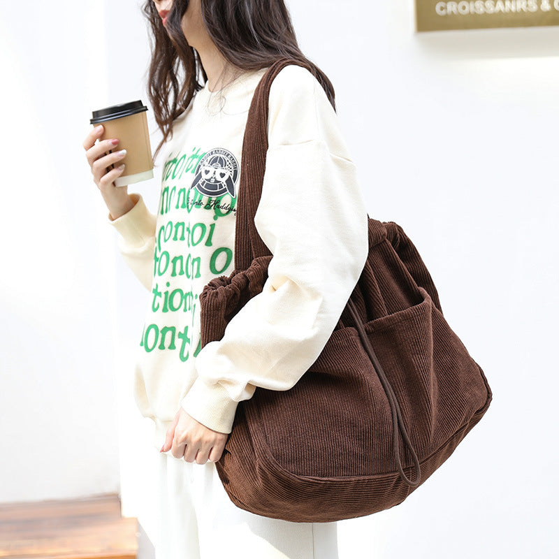 Corduroy Shoulder Drawstring Handbag