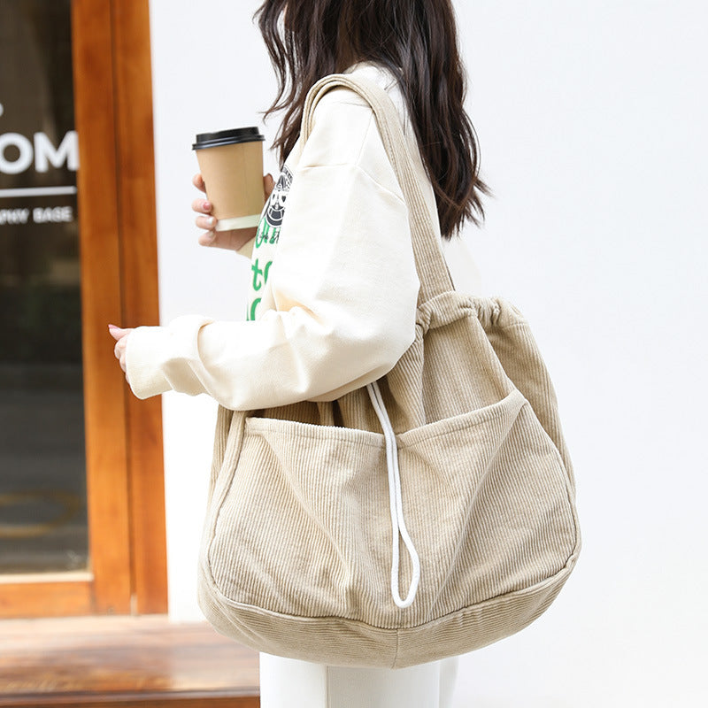 Corduroy Shoulder Drawstring Handbag